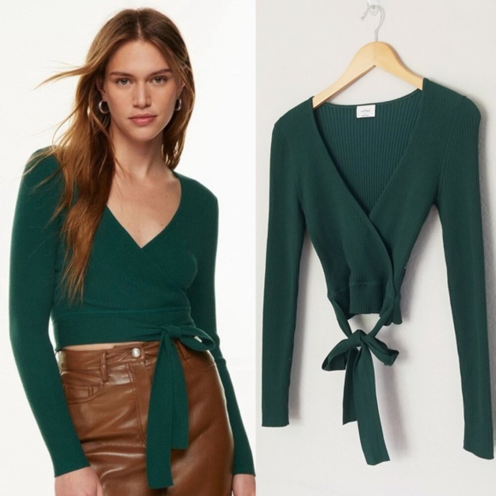 Aritzia Forest Green Ribbed V-Neck Wrap Sweater